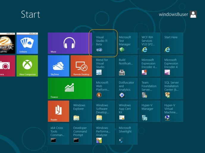 Visual Studio 11 Beta Tile in Windows 8 Metro Style